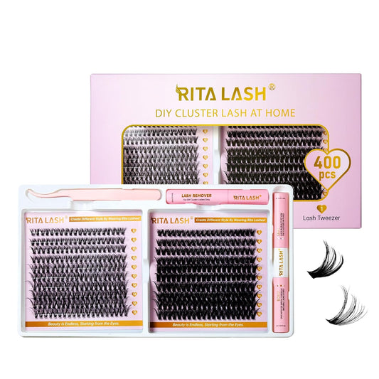 💖RITALASH 400PCS DIY Lash Extension Kit – 30D + 50D Cluster Lashes (8–16mm Mixed) with Bond, Seal, Remover & Tweezer for Custom At-Home Lash Styling!