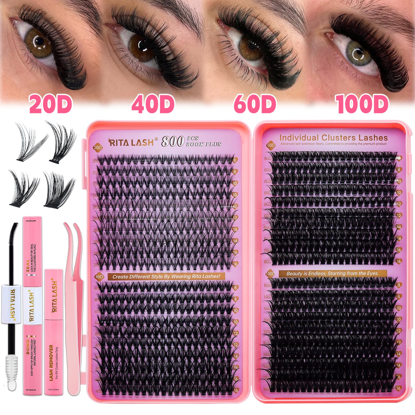 💖RITALASH 800PCS C Individual Eyelashes Cluster Lash Book Kit DIY Eyelash Extensions With Bond And Seal Cluster Lash Remover Lash Tweezer DIY Cluster Lash At