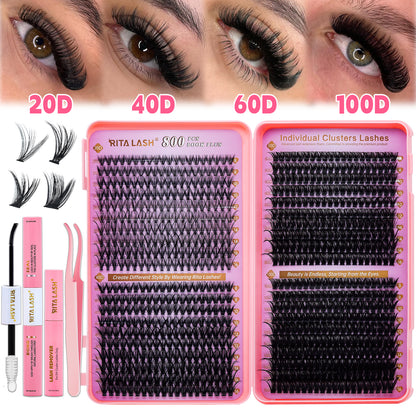💖RITALASH 800PCS C Individual Eyelashes Cluster Lash Book Kit DIY Eyelash Extensions With Bond And Seal Cluster Lash Remover Lash Tweezer DIY Cluster Lash At