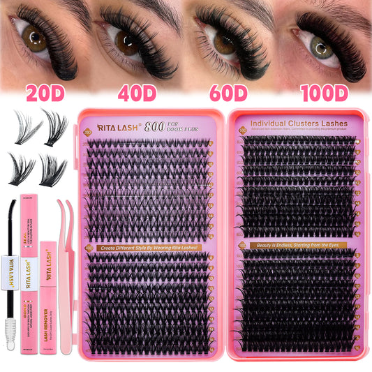 💖RITALASH 800PCS C Individual Eyelashes Cluster Lash Book Kit DIY Eyelash Extensions With Bond And Seal Cluster Lash Remover Lash Tweezer DIY Cluster Lash At