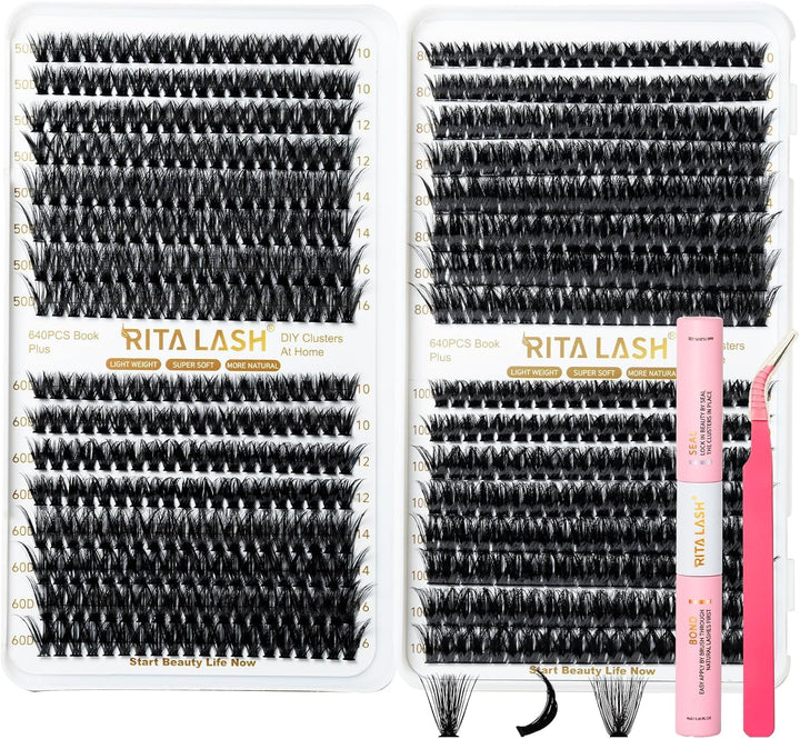 ✨RITALASH 640PCS DIY Lash Extension Kit – 50D + 60D + 80D + 100D Cluster Lashes
