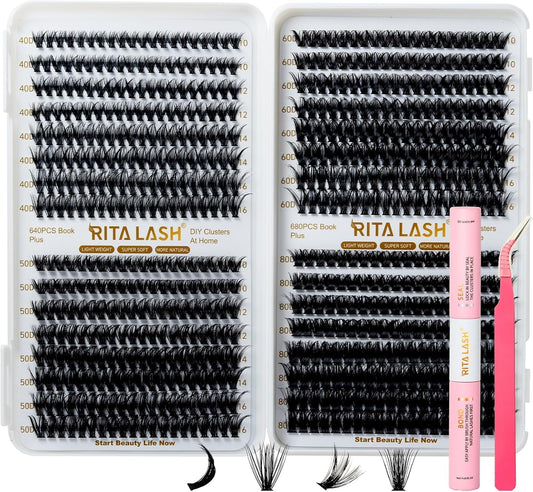 ✨RITALASH Lash Extension Kit – 640PCS DIY Lash Clusters 40D+50D+60D+80D Mixed Length Cluster Lashes with Lash Bond & Seal, Tweezers & Eyelash Case (10-16mm, Natural to Glam Look)