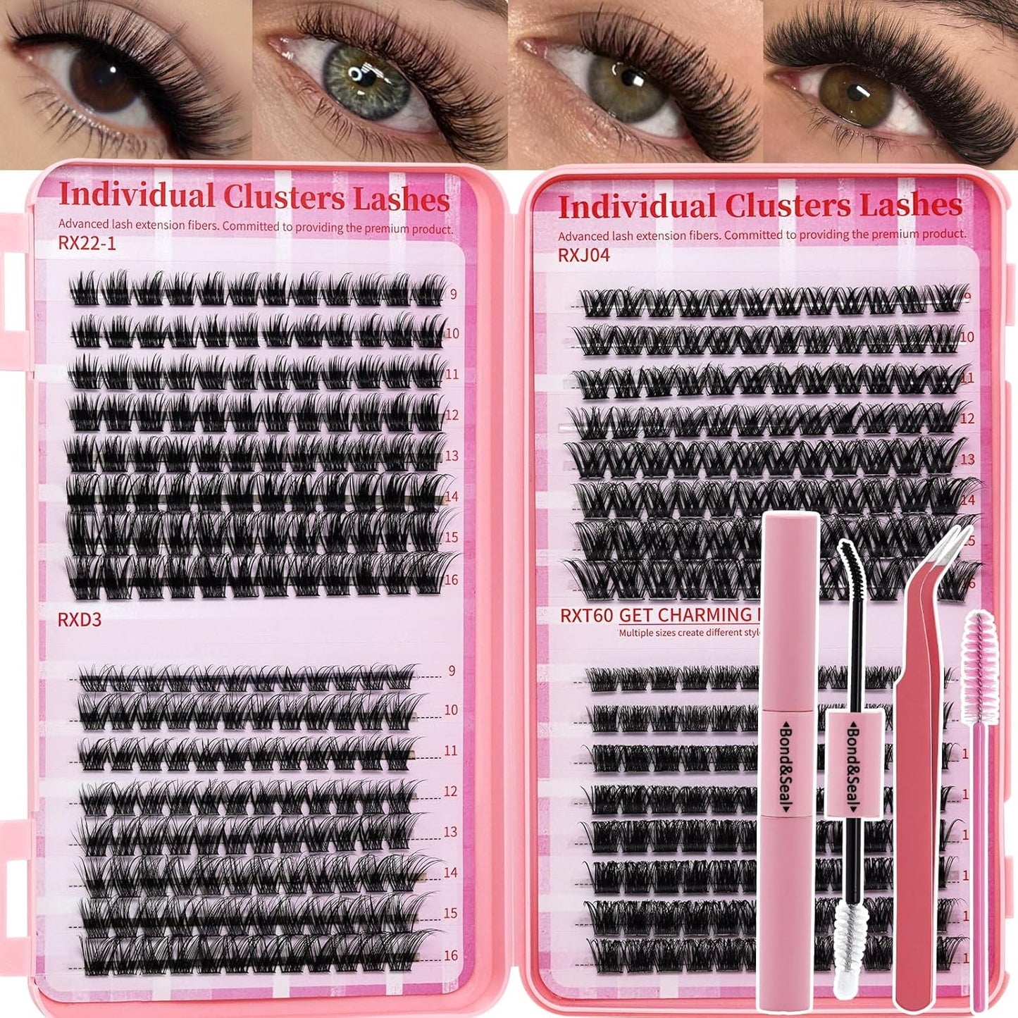 💖RITALASH RX DIY Lash Extension Kit – 4-Style Mixed Cluster Lashes Tray, Soft Thin Band Individual Lashes with Bond, Seal, Tweezers & Mascara Brush (9–16mm)