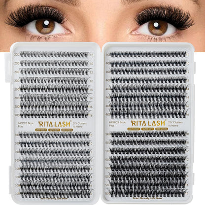 🌟RITALASH 640PCS Lash Extension Kit – 4 Style Mixed Cluster Lashes (20D+30D+40D+50D, 10–16mm) Wispy & Fluffy Individual Lashes with Bond, Seal & Tweezers for DIY Lash Extensions at Home