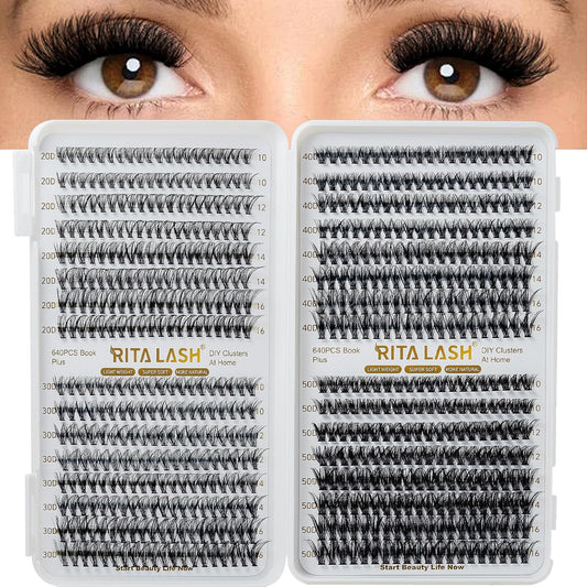 🌟RITALASH 640PCS Lash Extension Kit – 4 Style Mixed Cluster Lashes (20D+30D+40D+50D, 10–16mm) Wispy & Fluffy Individual Lashes with Bond, Seal & Tweezers for DIY Lash Extensions at Home