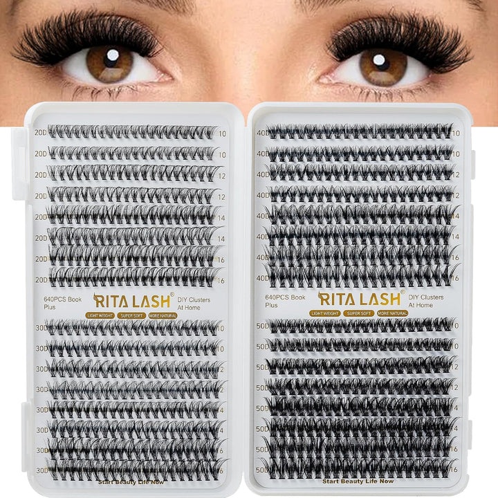 🌟RITALASH 640PCS Lash Cluster Kit – 20D + 30D + 40D + 50D Mixed Lashes with Bond, Seal & Tweezers