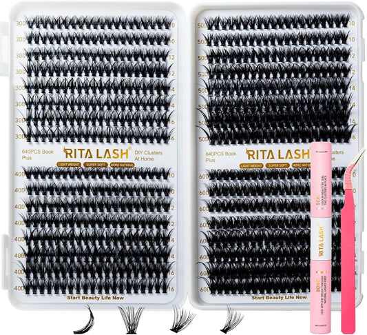 🌟RITALASH 640PCS Lash Extension Kit – 30D+40D+50D+60D Cluster Lashes (10–16mm Mixed) with Bond, Seal & Tweezers | DIY Wispy Fluffy Eyelash Extensions at Home