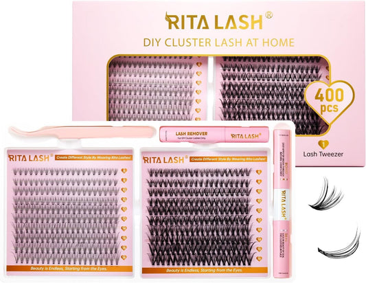 💖RITALASH 400PCS Lash Extension Kit – 10D+30D DIY Cluster Lashes (8–16mm Mixed) with Bond, Seal, Remover & Tweezer | Easy At-Home Eyelash Extensions
