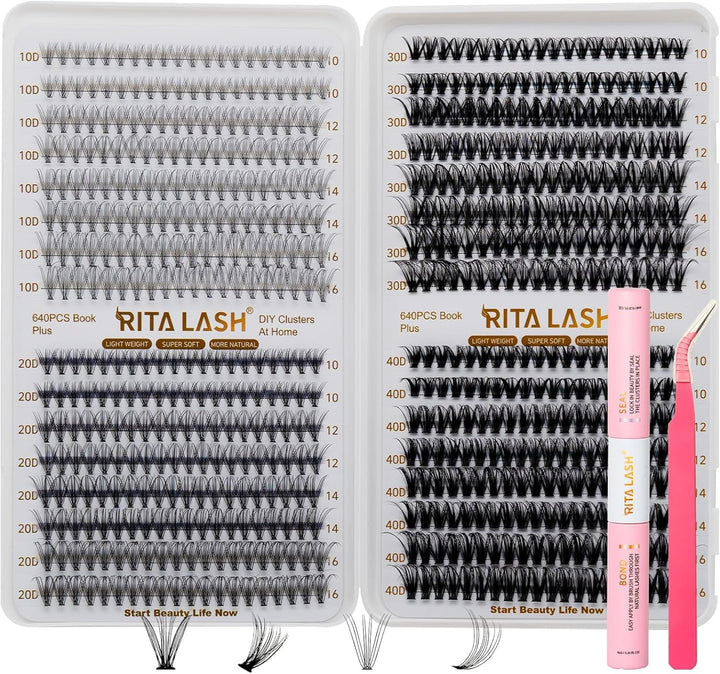 🌟RITALASH 640PCS Lash Extension Kit – 10D+20D+30D+40D DIY Cluster Lashes
