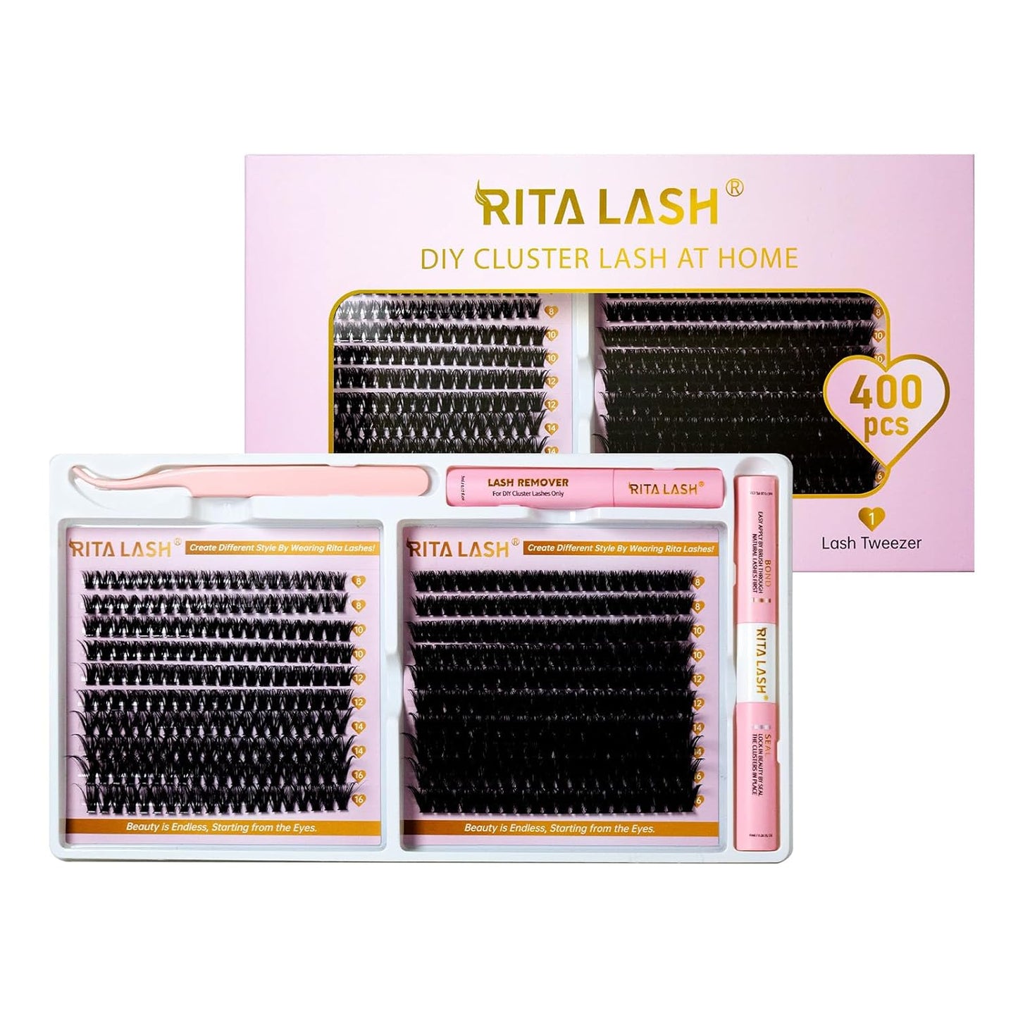💖RITALASH 400PCS DIY Lash Extension Kit – 60D + 100D Extreme Volume Cluster Lashes (8–16mm Mixed) with Bond, Seal, Remover & Tweezer for Bold At-Home Lash Styling!