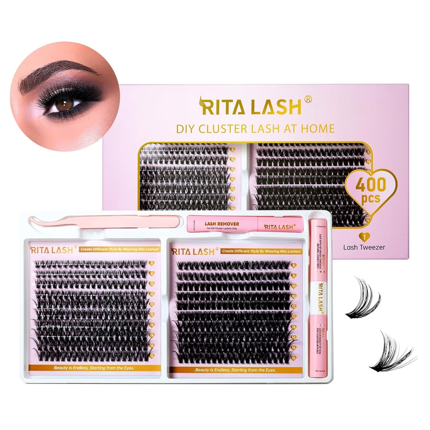 💖RITALASH 400PCS DIY Lash Extension Kit – 40D + 60D Cluster Lashes (8–16mm Mixed) with Bond, Seal, Remover & Tweezer for Bold At-Home Lash Styling!