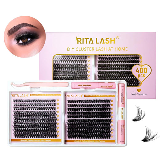 💖RITALASH 400PCS DIY Lash Extension Kit – 40D + 60D Cluster Lashes (8–16mm Mixed) with Bond, Seal, Remover & Tweezer for Bold At-Home Lash Styling!
