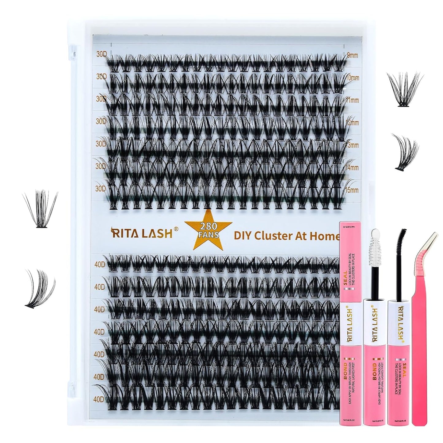 🌟RITALASH 280PCS Lash Extension Kit – 30D+40D Cluster Lashes (9–15mm Mixed) with Bond, Seal & Tweezers, DIY Individual Eyelash Extensions at Home