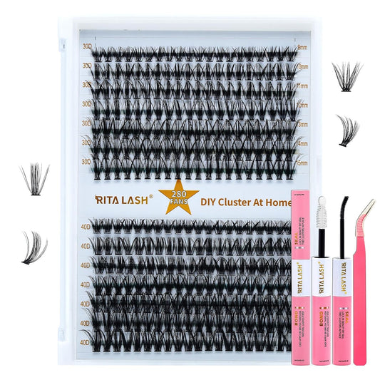 🌟RITALASH 280PCS Lash Extension Kit – 30D+40D Cluster Lashes (9–15mm Mixed) with Bond, Seal & Tweezers, DIY Individual Eyelash Extensions at Home