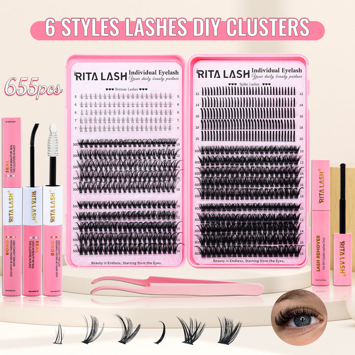 💖RITALASH 655PCS DIY Lash Extension Kit – Bottom, Spike, 60D & 80D Cluster Lashes