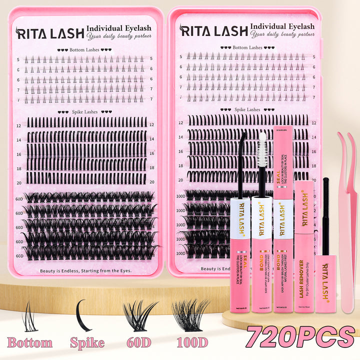 💖RITALASH 720PCS DIY Lash Extension Kit – Bottom Lashes + Spike + 60D + 100D Cluster Lashes