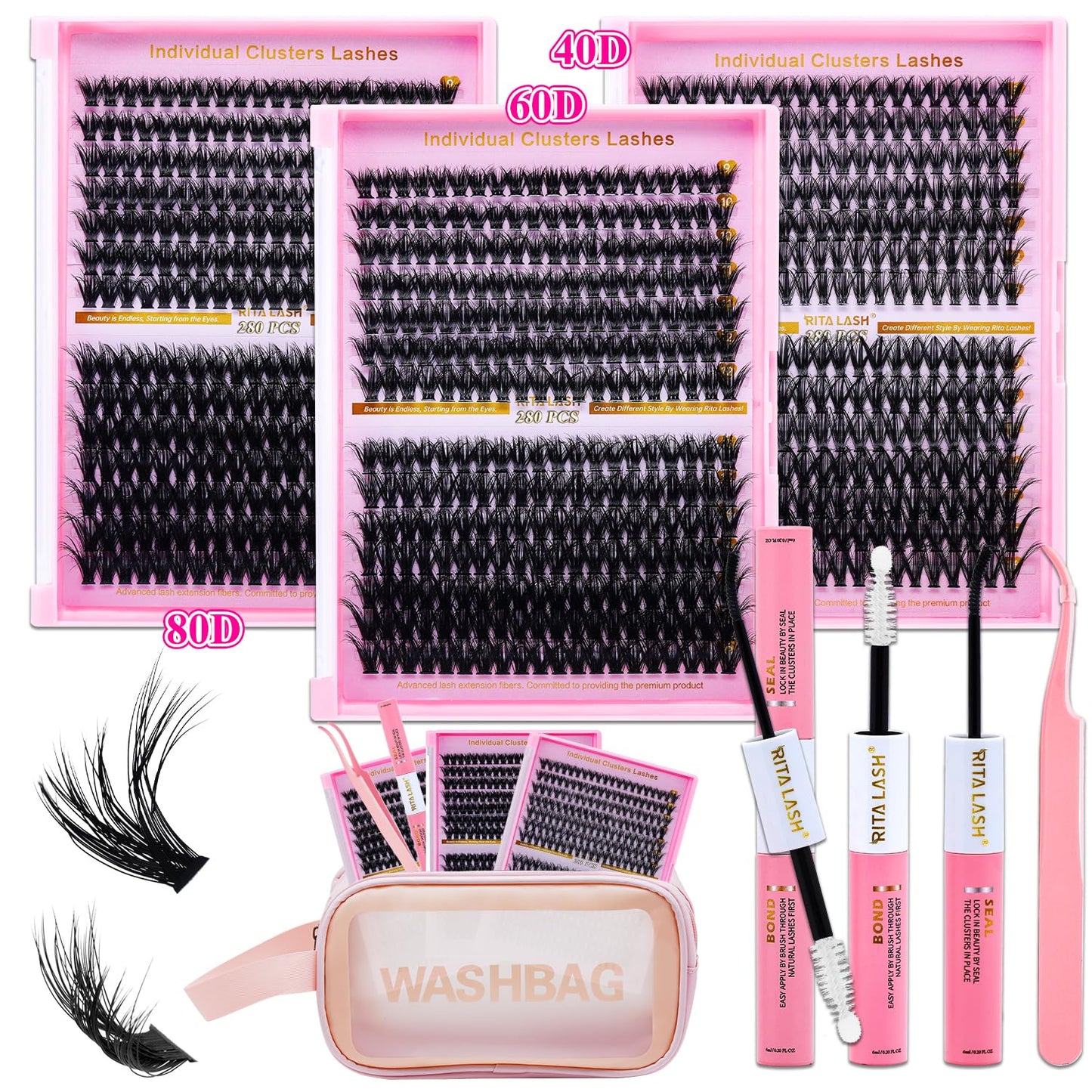 💖RITALASH DIY Lash Extension Kit – 3 Boxes Fluffy Cluster Lashes (40D+60D+80D) with Bond, Seal, Tweezers & Washbag | Soft Wispy Individual Eyelash Extensions