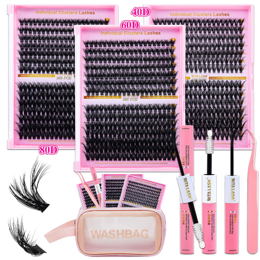 💖RITALASH DIY Lash Extension Kit – 3 Boxes Fluffy Cluster Lashes (40D+60D+80D) with Bond, Seal, Tweezers & Washbag | Soft Wispy Individual Eyelash Extensions