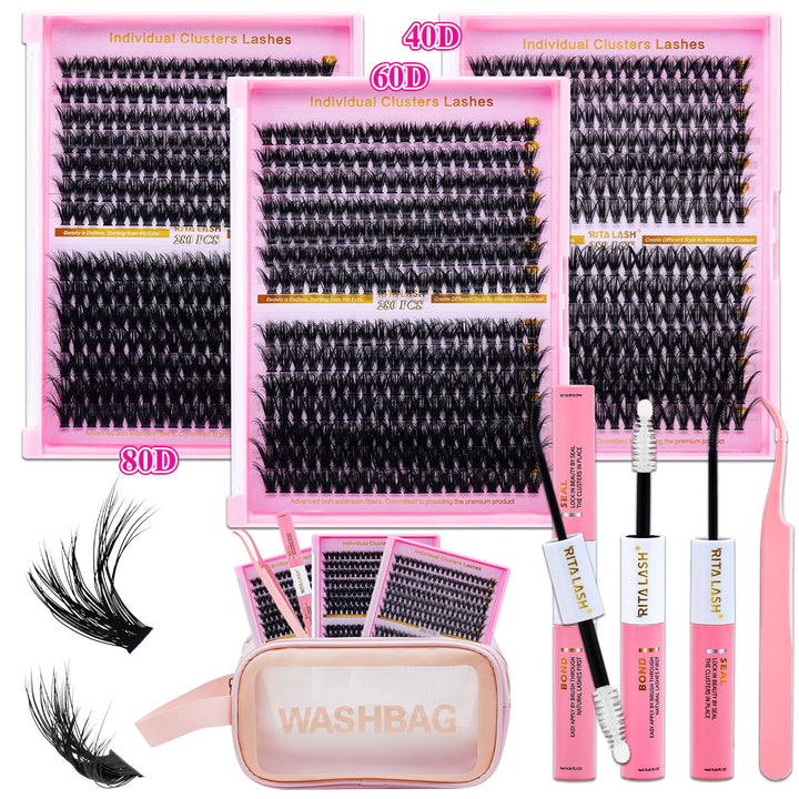 💖RITALASH DIY Lash Extension Kit – 3 Boxes Fluffy Cluster Lashes (40D+60D+80D)