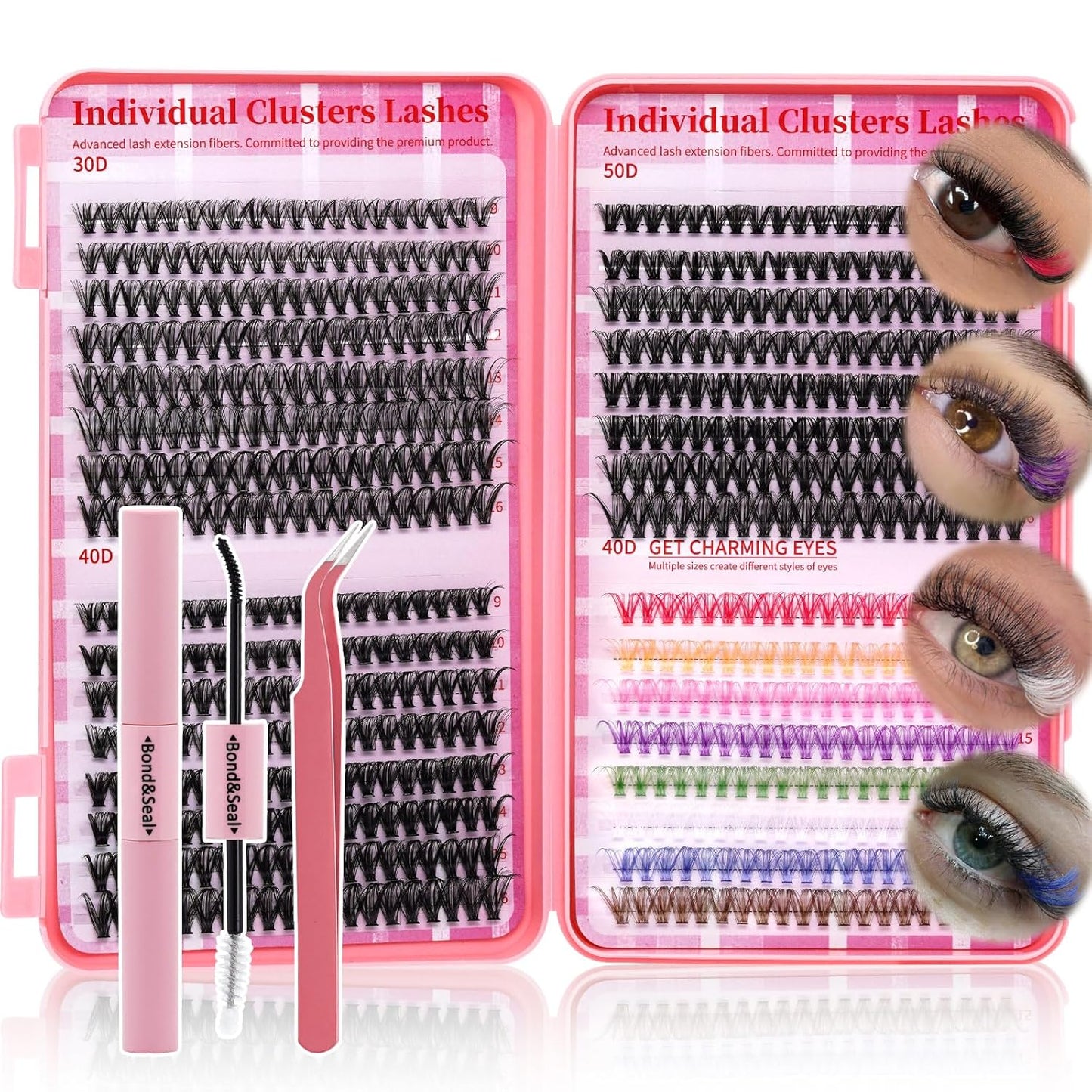 💖RITALASH DIY Colored Lash Extension Kit – 640PCS 30D + 40D + 50D + 40D Cluster Lashes (9–16mm) with Bond, Seal & Tweezers for Vibrant Lash Looks