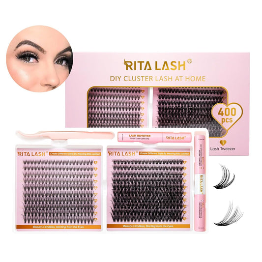 💖RITALASH 400PCS Lash Extension Kit – 20D+40D DIY Cluster Lashes (8–16mm Mixed) with Bond, Seal, Remover & Tweezer | Wispy & Fluffy At-Home Eyelash Extensions