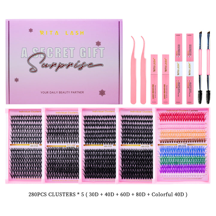 ✨280PCS Lash Extension Kit – 5 Styles DIY Lash Clusters with Bond & Applicator