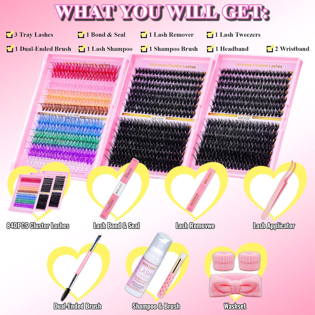 ✨RITALASH New 840PCS Bulk Lash Clusters Kit with Bond & Seal & Tools