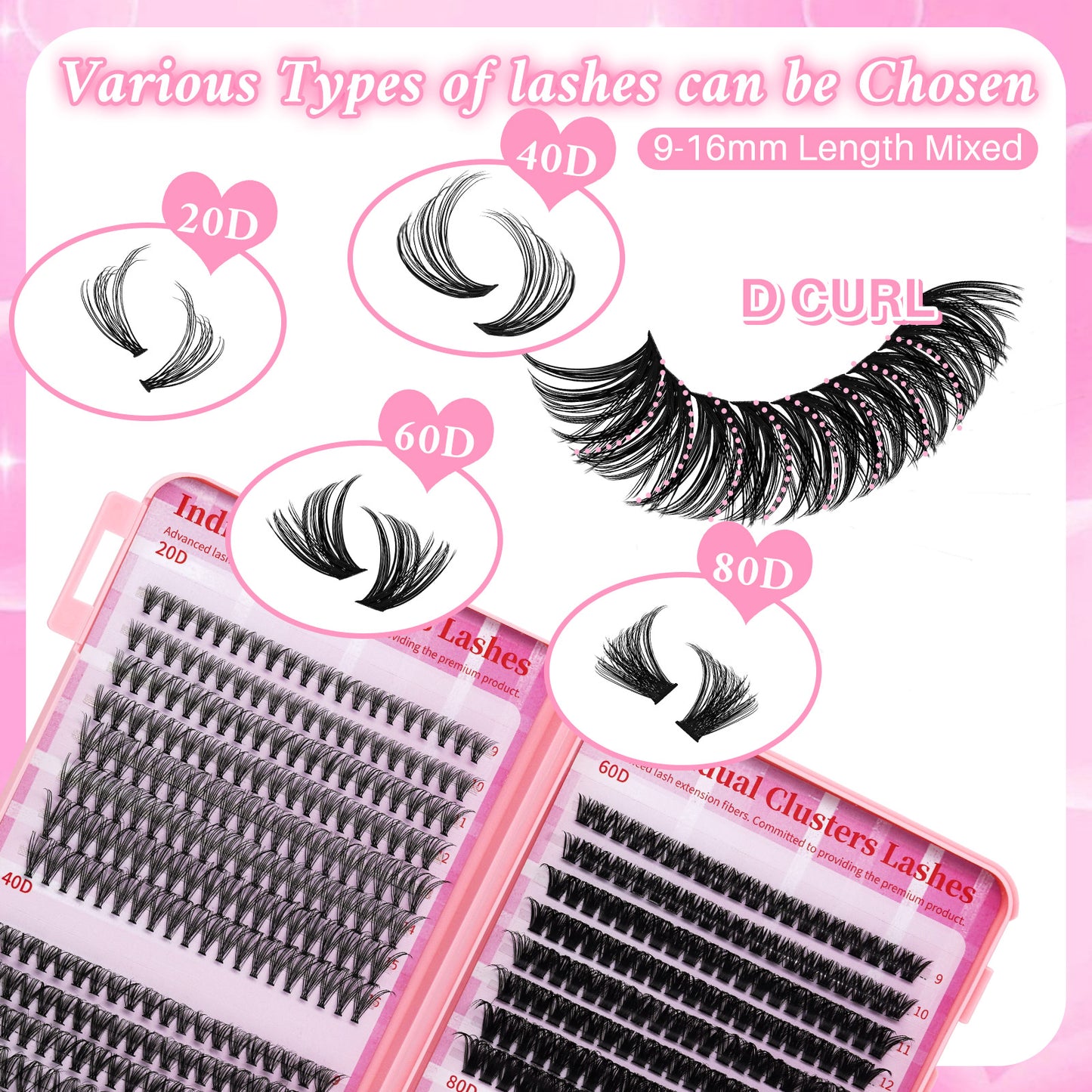 💖ndividual Cluster Lash Book 20D+40D+60D+80D DIY Eyelash Extensions D Curl Long With Bond And Seal Lash Tweezer And Brush DIY Cluster Lash At Home