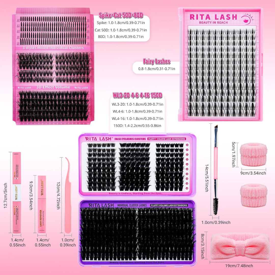 ✨RITALASH 964Pcs 3D Spike Lash Clusters DIY Extension Kit with Bond & Seal