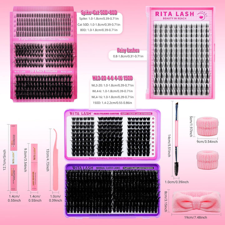✨RITALASH 964Pcs 3D Spike Lash Clusters DIY Extension Kit with Bond & Seal