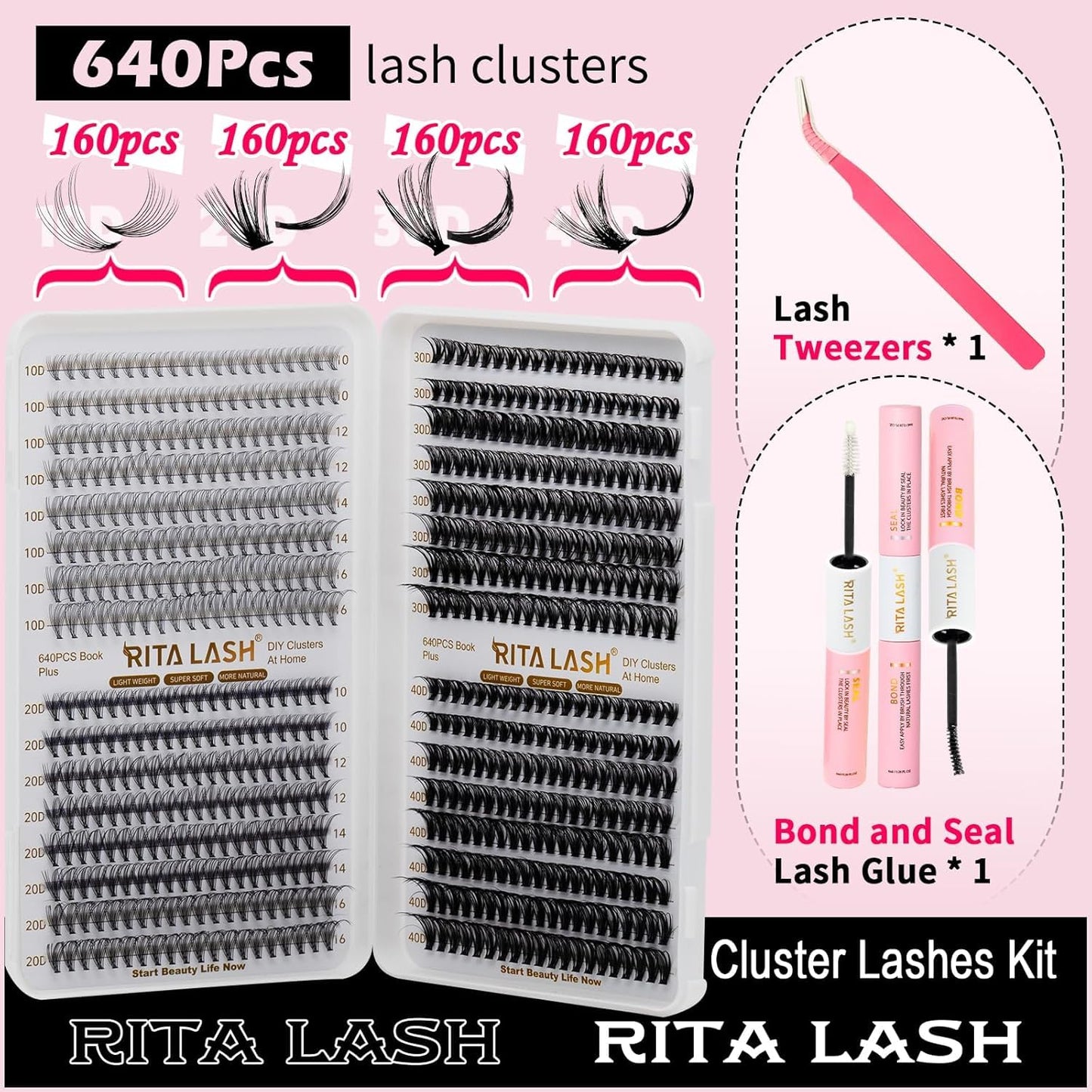 🌟RITALASH 640PCS Lash Extension Kit – 10D+20D+30D+40D DIY Cluster Lashes (10–16mm) with Bond, Seal & Tweezers, Individual False Eyelash Extension Kit