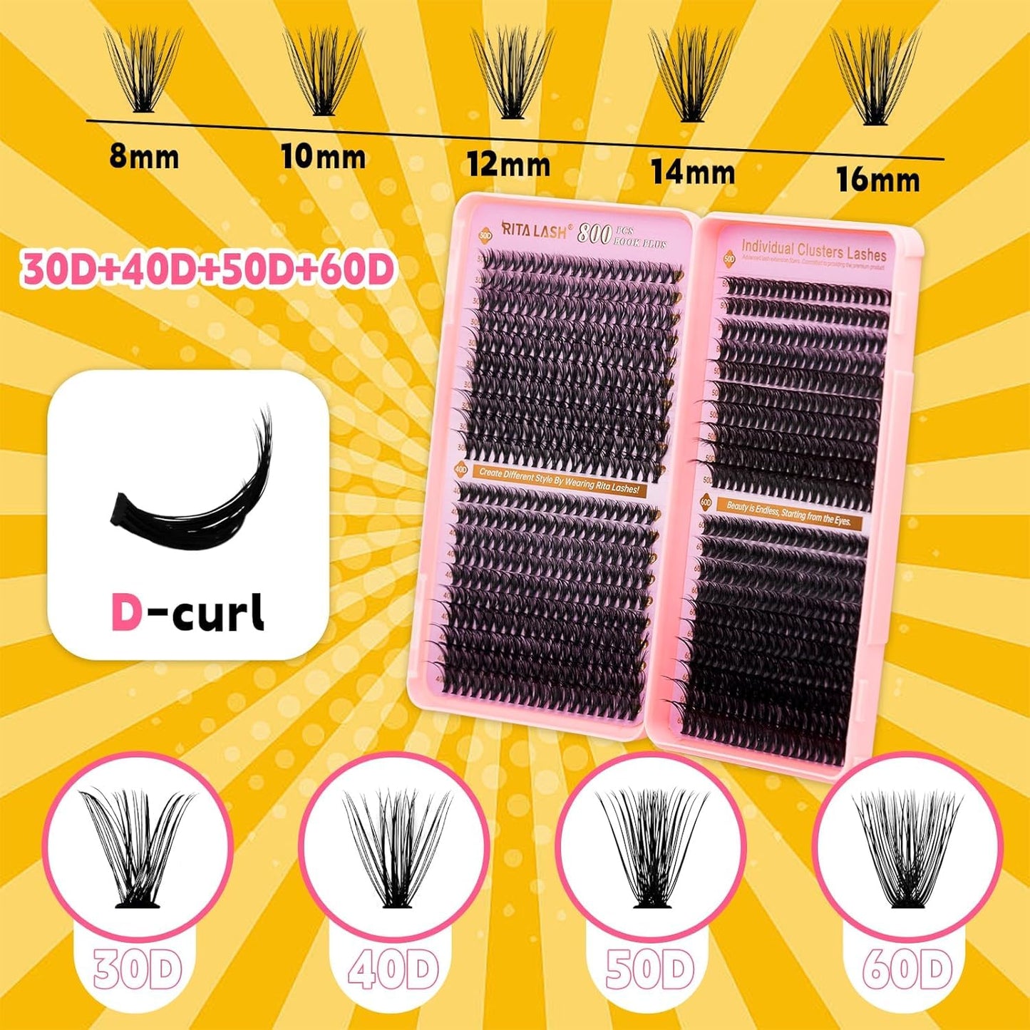 💖RITALASH DIY Lash Extension Kit Book Set – 800PCS Cluster Lashes (30D+40D+50D+60D, 8–16mm) | Individual Lash Clusters with Bond & Seal, Remover, Tweezers | At-Home Eyelash Extension Kit