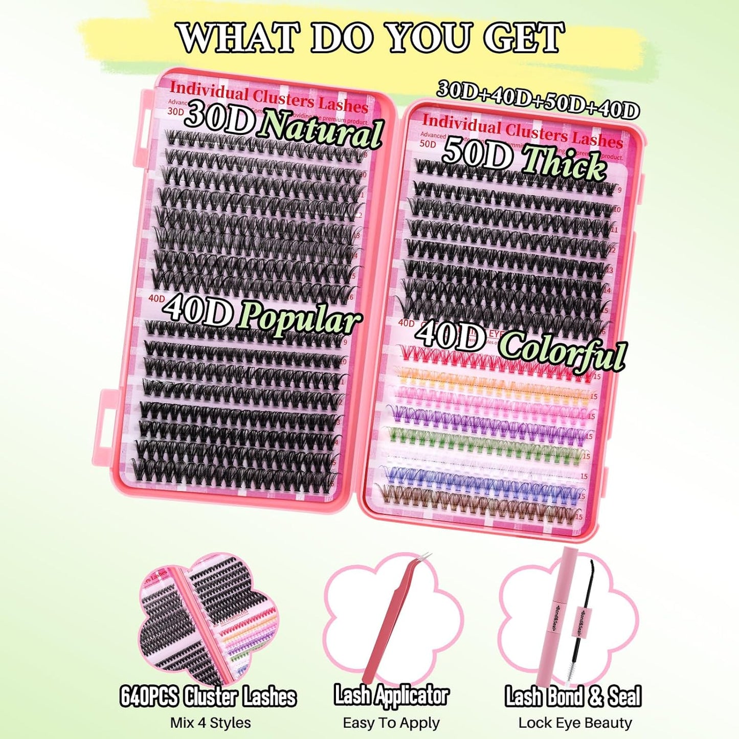 💖RITALASH DIY Colored Lash Extension Kit – 640PCS 30D + 40D + 50D + 40D Cluster Lashes (9–16mm) with Bond, Seal & Tweezers for Vibrant Lash Looks