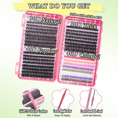 💖RITALASH DIY Colored Lash Extension Kit – 640PCS 30D + 40D + 50D + 40D Cluster Lashes (9–16mm) with Bond, Seal & Tweezers for Vibrant Lash Looks