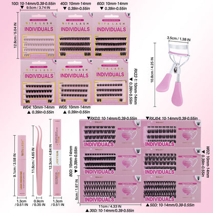 ✨Individual False Eyelashes Extension Kit Curl Wispy Style, 12 Box Lashes with Glue&Bond Seal&Remover&Curler, Individual Lashes Makeup Kit