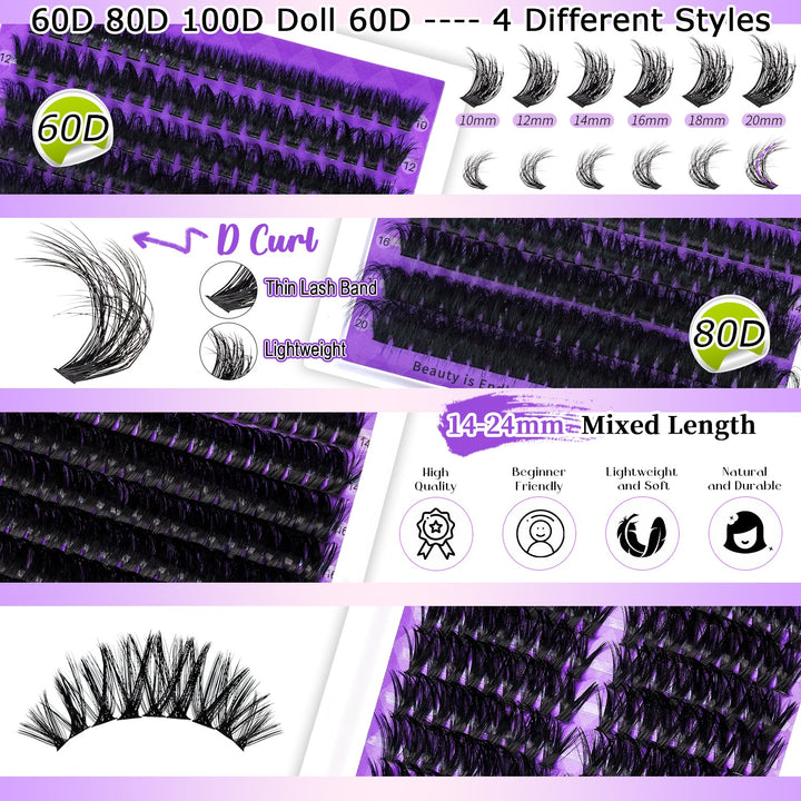 Lash Extension Kit 3 Boxes Lash Clusters+ Lash Bond and Seal,Lash Tweezers,Washbag(60D+80D Fluffy, 100D, Doll 60D,3 Boxes Kit)