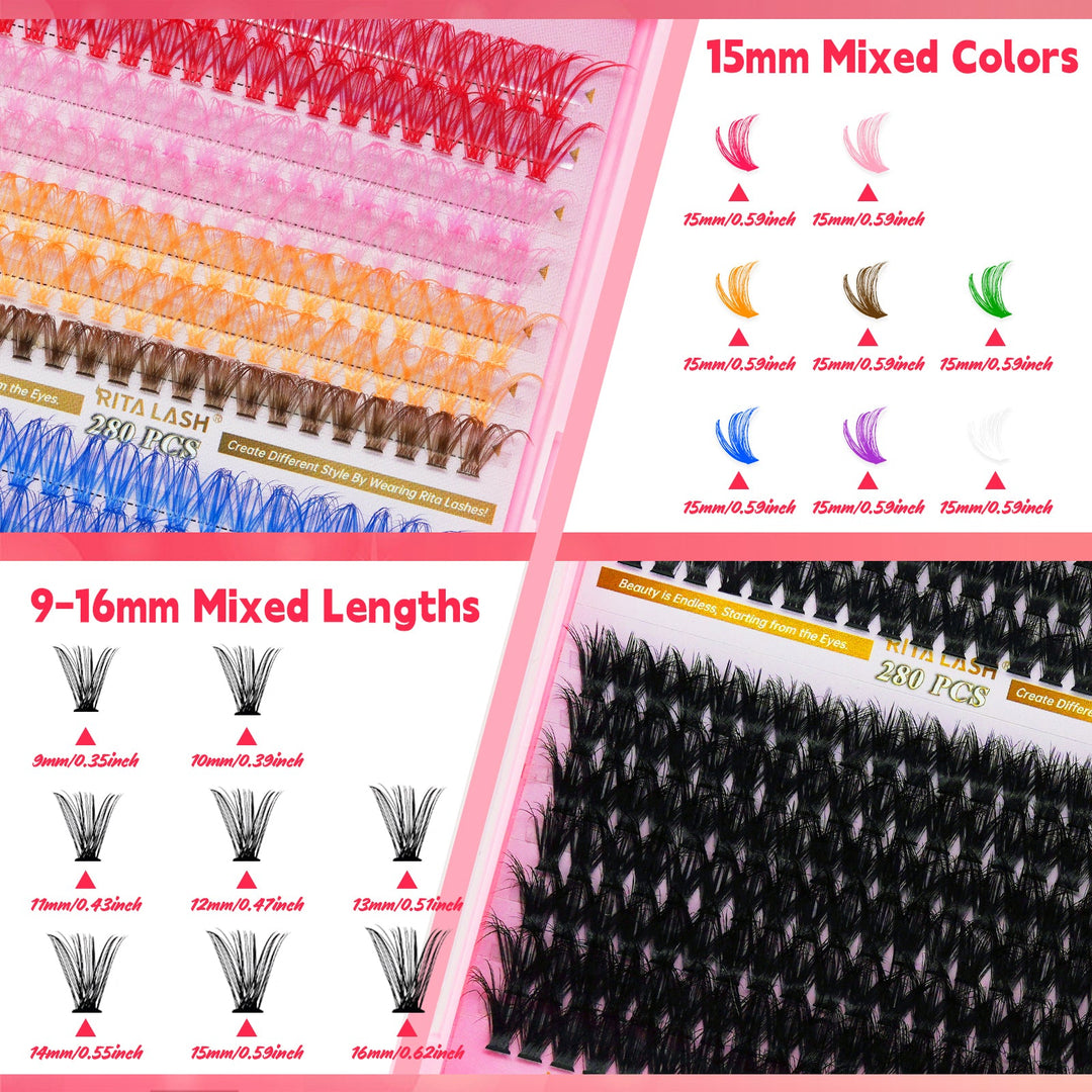 ✨280PCS Lash Extension Kit – 5 Styles DIY Lash Clusters with Bond & Applicator
