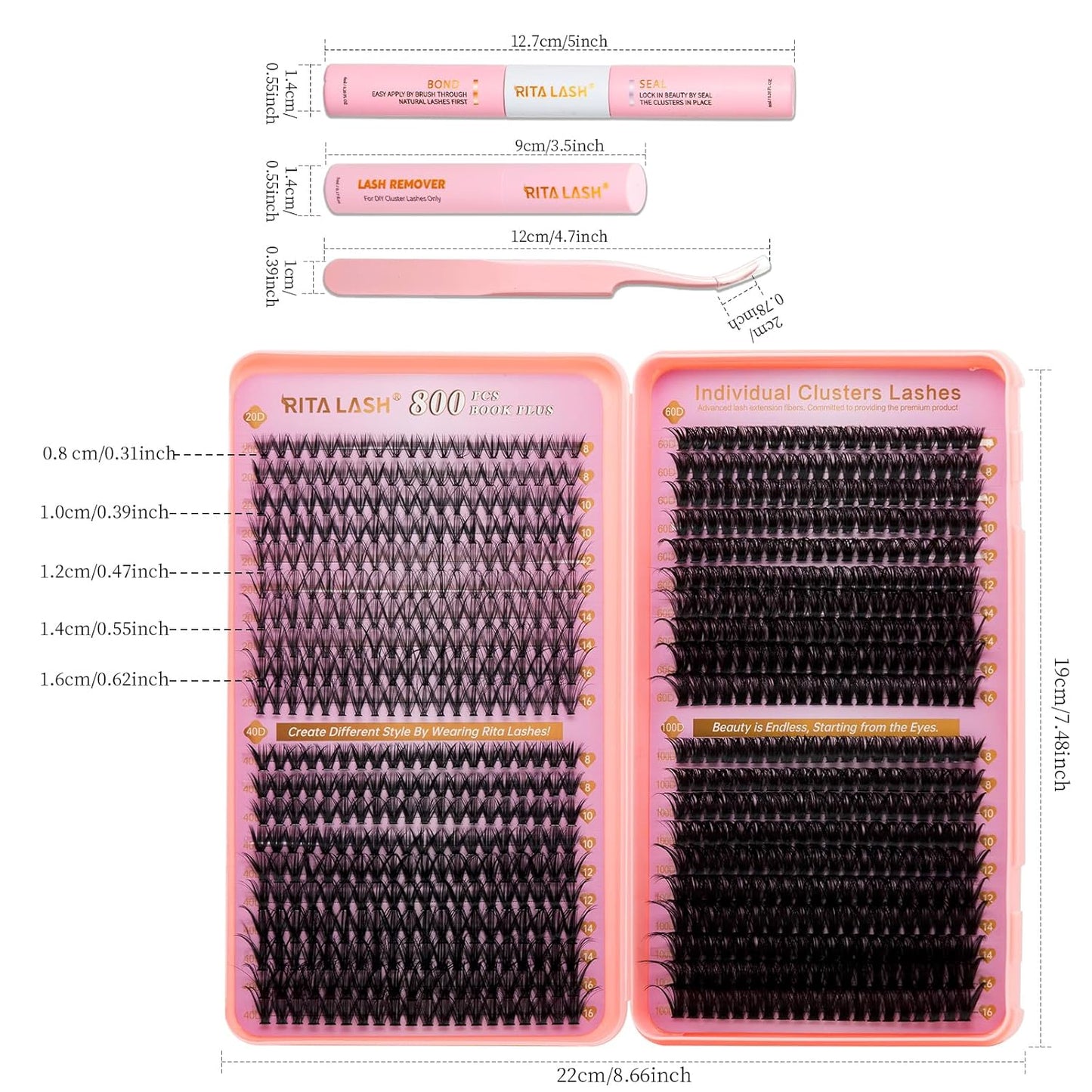 💖RITALASH DIY Lash Extension Kit Book Set – 800PCS Cluster Lashes (20D+40D+60D+100D, 8–16mm) | Individual Lash Clusters with Bond & Seal, Remover, Tweezers | At-Home Eyelash Extension Kit