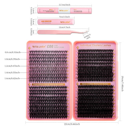 💖RITALASH DIY Lash Extension Kit Book Set – 800PCS Cluster Lashes (20D+40D+60D+100D, 8–16mm) | Individual Lash Clusters with Bond & Seal, Remover, Tweezers | At-Home Eyelash Extension Kit