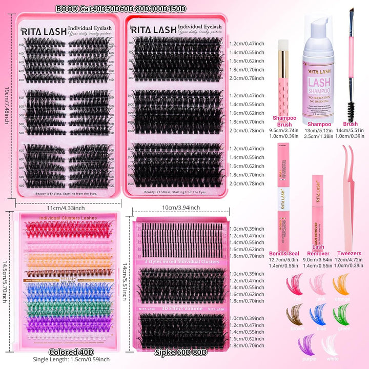 ✨RITALASH New 1185PCS Cat Eye & Colored Lash Clusters DIY Kit with Tools