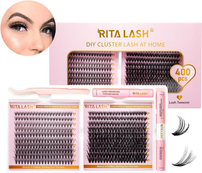 💖RITALASH 400PCS Lash Extension Kit – 20D+40D DIY Cluster Lashes (8–16mm Mixed) with Bond, Seal, Remover & Tweezer | Wispy & Fluffy At-Home Eyelash Extensions