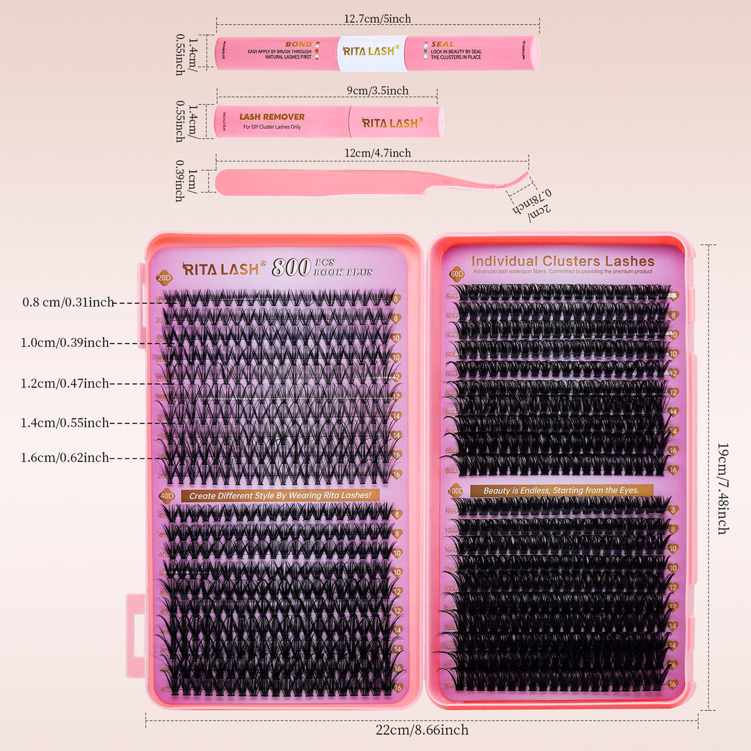 💖RITALASH 800PCS C Curl Cluster Lash Book – DIY Lash Extension Kit