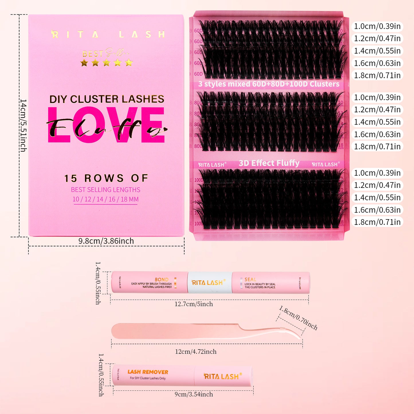 💖RITALASH 300pcs D Curl Individual Eyelashes Cluster Kit DIY Eyelash Extensions Lengths Mixed Tray DIY Individual False Cluster At Home With Bond And Seal Applicator Individual False Cluster Remover