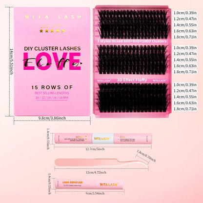 💖RITALASH 300pcs D Curl Individual Eyelashes Cluster Kit DIY Eyelash Extensions Lengths Mixed Tray DIY Individual False Cluster At Home With Bond And Seal Applicator Individual False Cluster Remover