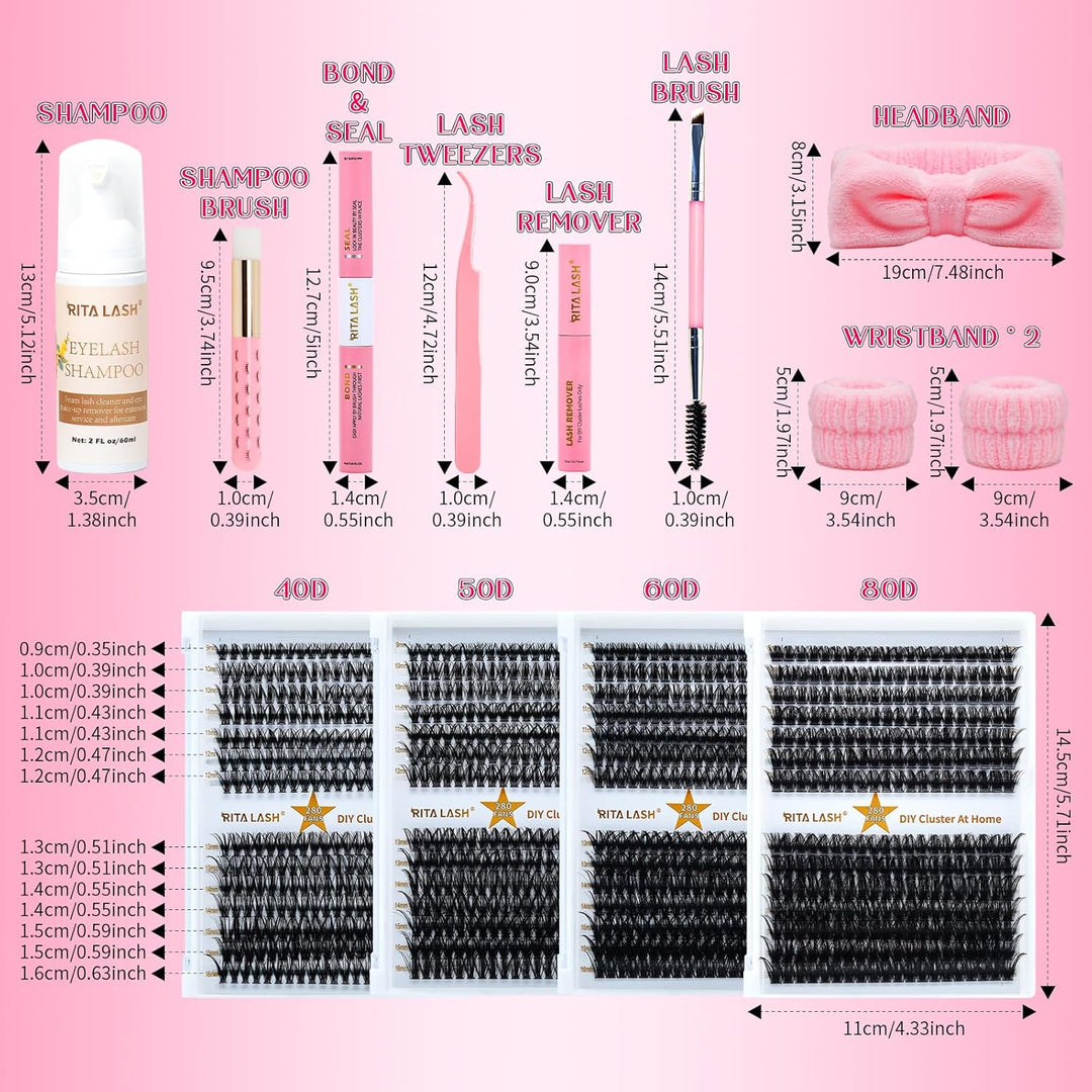 ✨RITALASH New 1120PCS Large Pack Lash Clusters DIY Kit with Bond & Seal & Tools