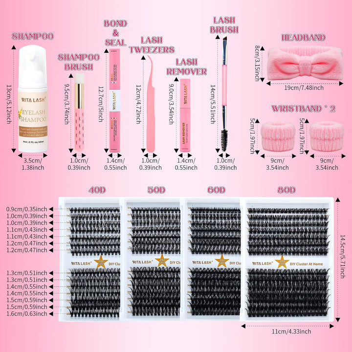 ✨RITALASH New 1120PCS Large Pack Lash Clusters DIY Kit with Bond & Seal & Tools