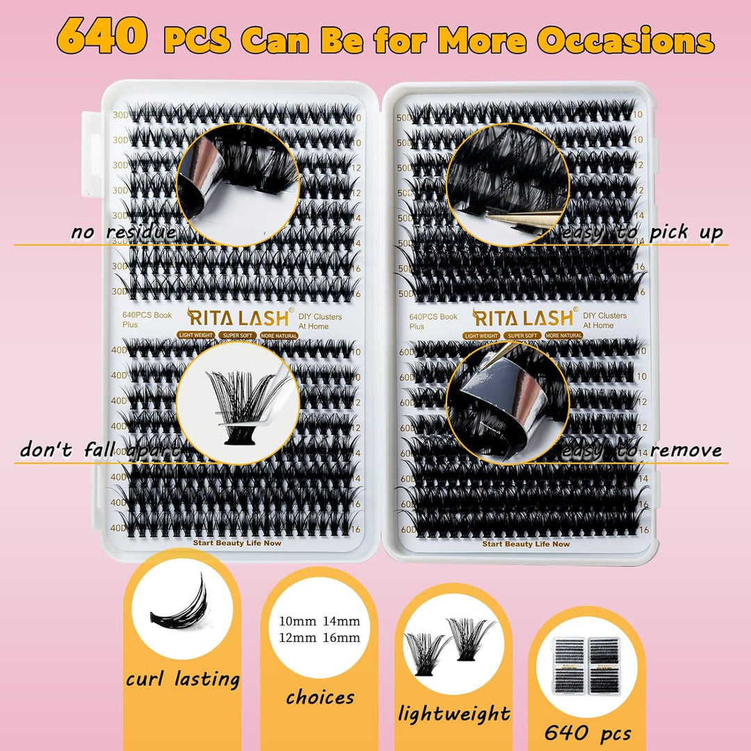 🌟RITALASH 640PCS Lash Extension Kit – 30D+40D+50D+60D Cluster Lashes