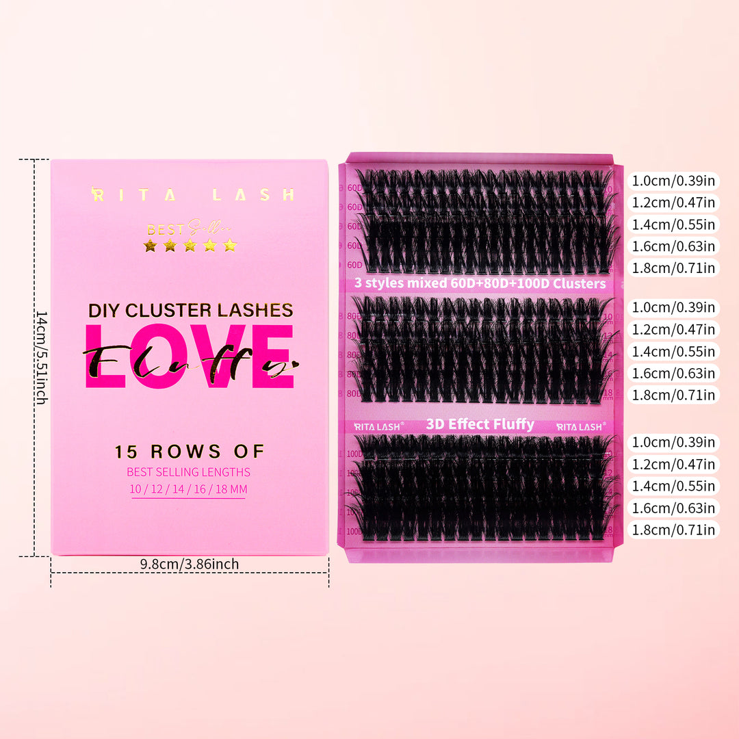 💖RITALASH 300PCS D Curl Lash Clusters – DIY Extension Kit with Applicator & Remover