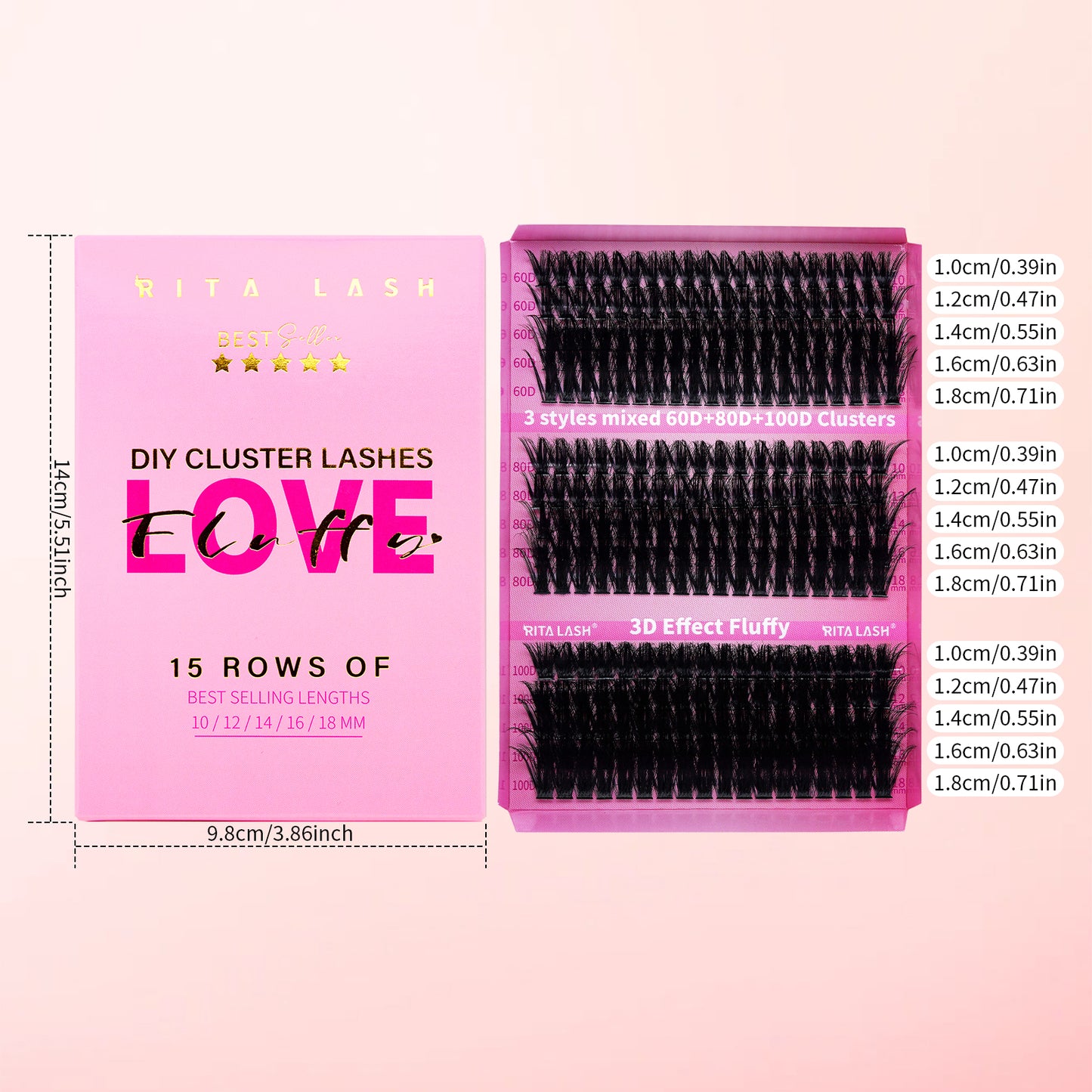 💖RITALASH 300pcs D Curl Individual Eyelashes Cluster Kit DIY Eyelash Extensions Lengths Mixed Tray DIY Individual False Cluster At Home With Bond And Seal Applicator Individual False Cluster Remover