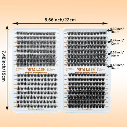🌟RITALASH 384PCS 4 Style Cluster Lashes Book Individual Lashes Clusters Eyelash Extensions False Eyelashes DIY Wispy Fluffy Lash Extension Kit Reusable False Eyelashes Natural Look Mix 10-16mm